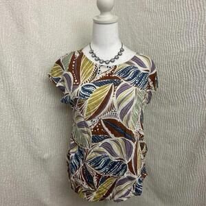 C&C California Linen Top L Leaf Print Cap Sleeve Boho Lightweight